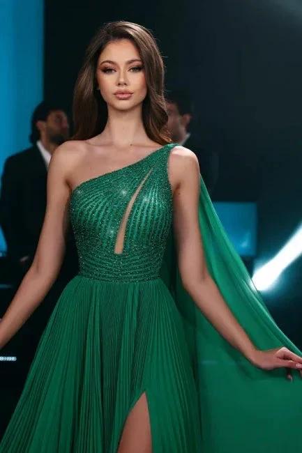 Fashionable Long Emerald A-line One Shoulder Chiffon Beading Prom Dress with Slit - Image 2