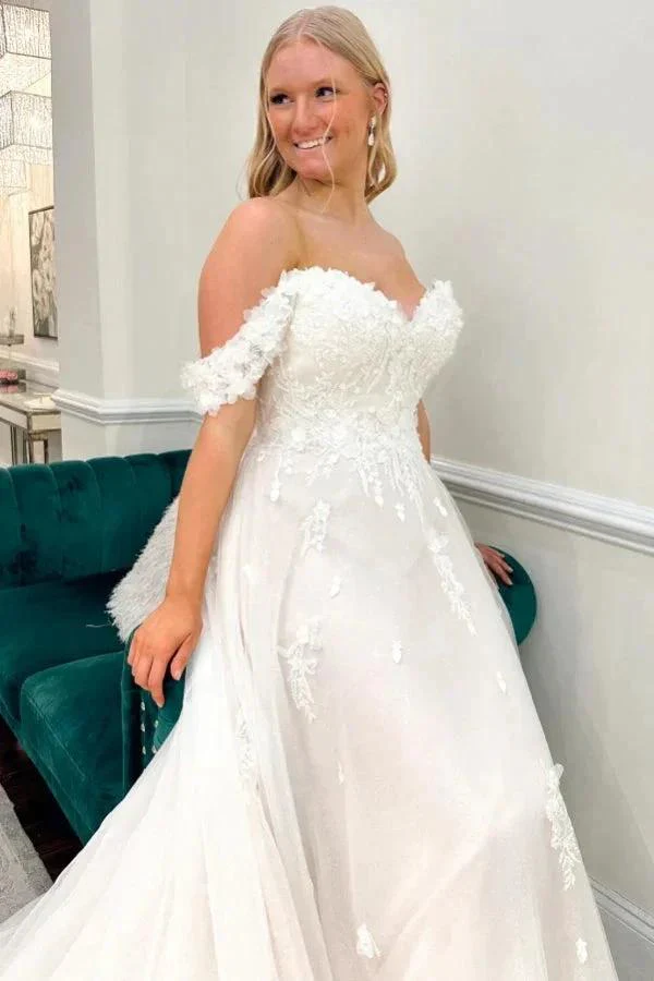 Fashionable Long Ivory A-line Off-the-shoulder Tulle Appliques Wedding Dress - Image 2