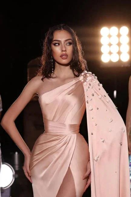 Fashionable Long Peach One Shoulder Satin Floor Length Prom Dress with Slit - Image 2