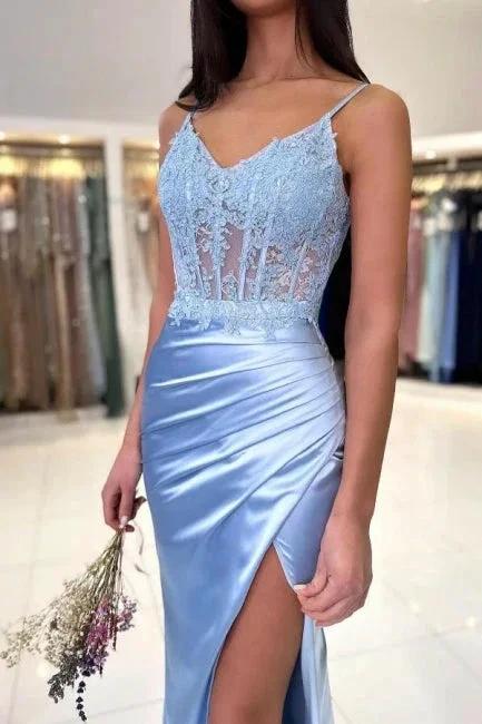 Fashionable Long Sky Blue Mermaid Spaghetti Straps Lace Prom Dress with Slit - Image 4