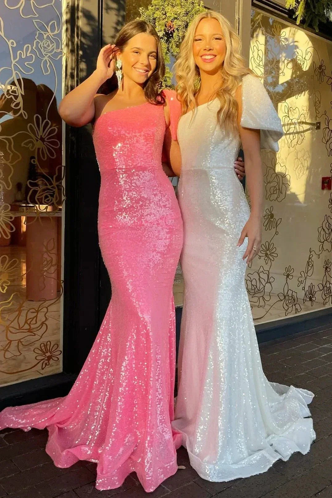 Fauna | Neon Pink Sequin One-Shoulder Bow Strap Trumpet Long Prom Dress - Image 2