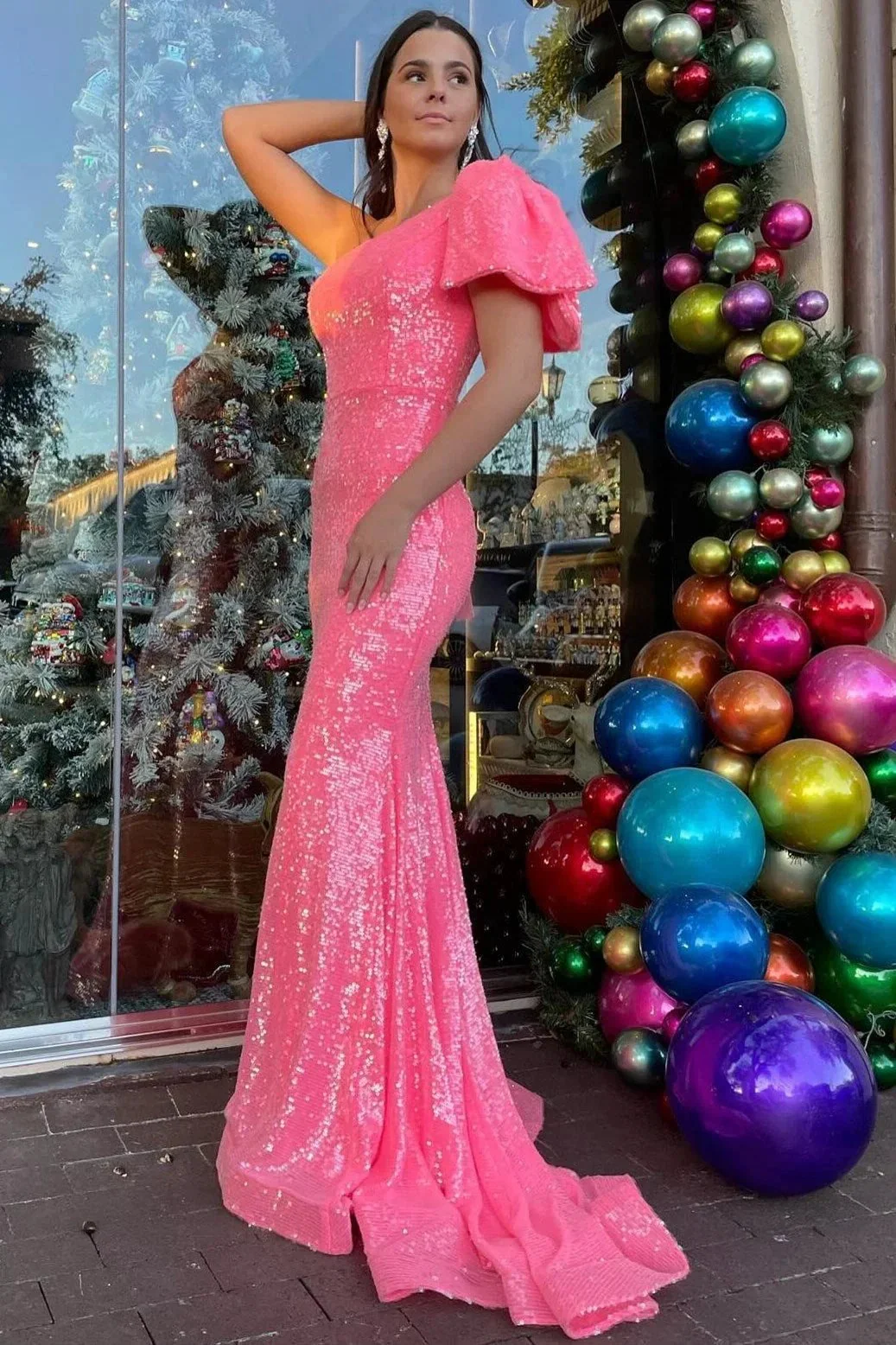 Fauna | Neon Pink Sequin One-Shoulder Bow Strap Trumpet Long Prom Dress - Image 3