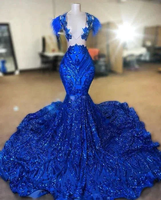 Feather Modest Evening Dress Elegant Royal Blue Sparkly Mermaid Prom Gown Y6657 - Image 2