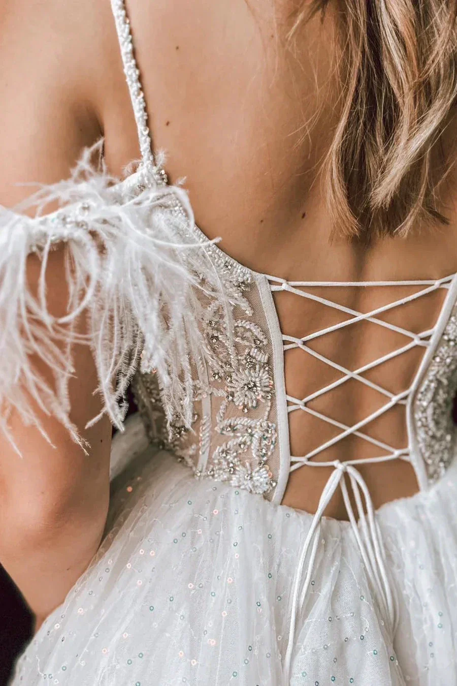 Feather Off the Shoulder White Beaded Homecoming Dress Y2826 - Image 2