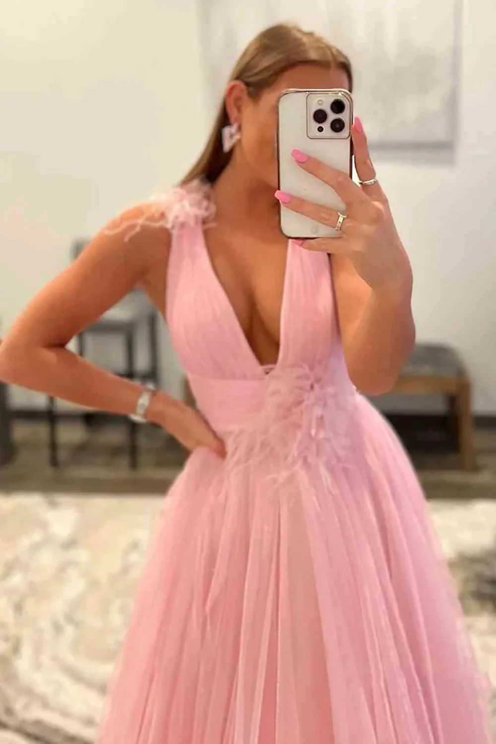 Feathers Backless Pink Plunging V-Neck Tulle Long Formal Dress PSK401 - Image 2