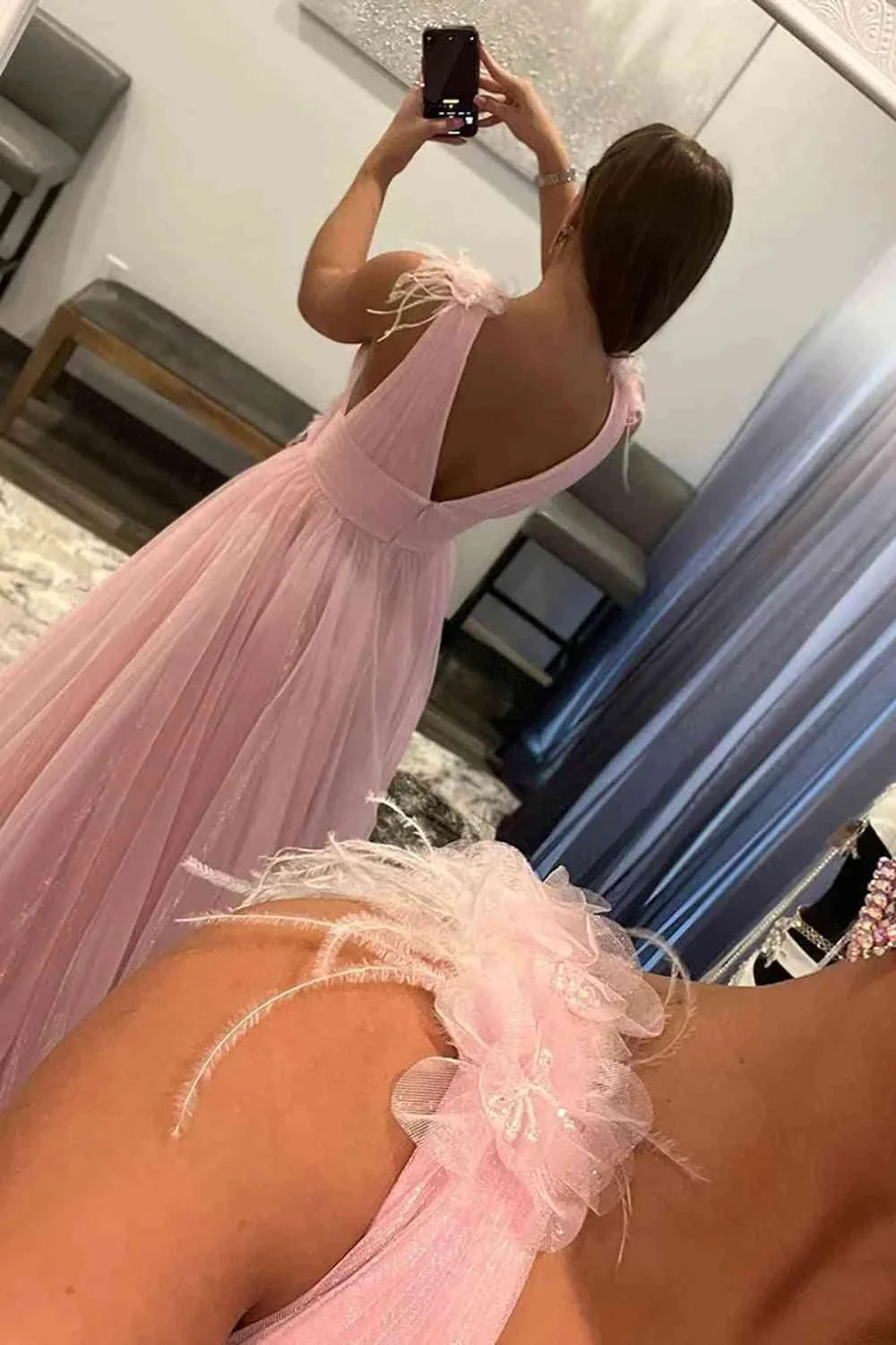 Feathers Backless Pink Plunging V-Neck Tulle Long Formal Dress PSK401 - Image 3