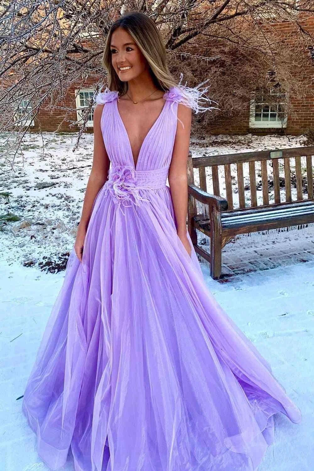 Feathers Backless Pink Plunging V-Neck Tulle Long Formal Dress PSK401 - Image 4