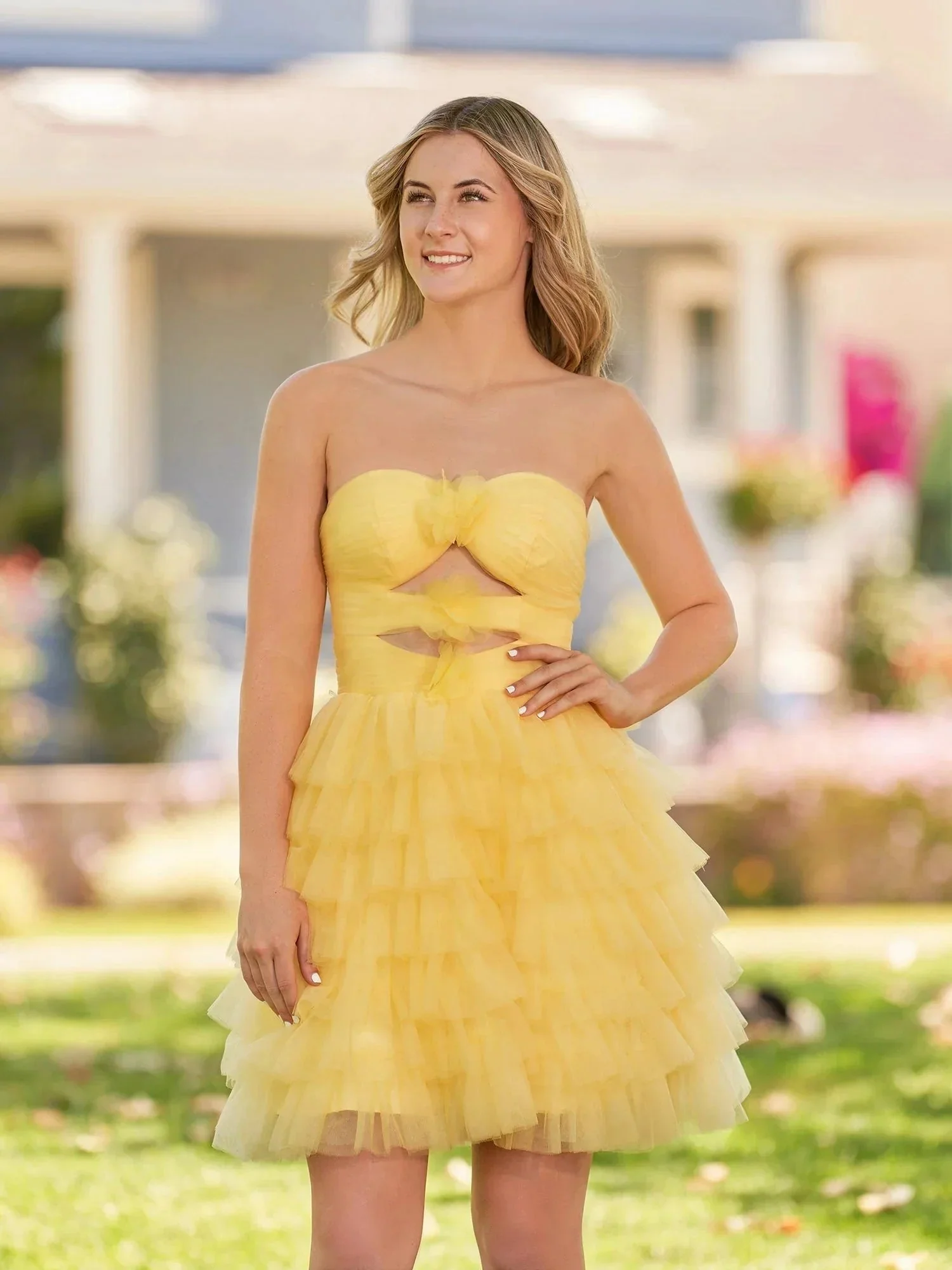 Strapless Tiered Ruffle Tulle Short Homecoming Dress With Flowers - Image 3