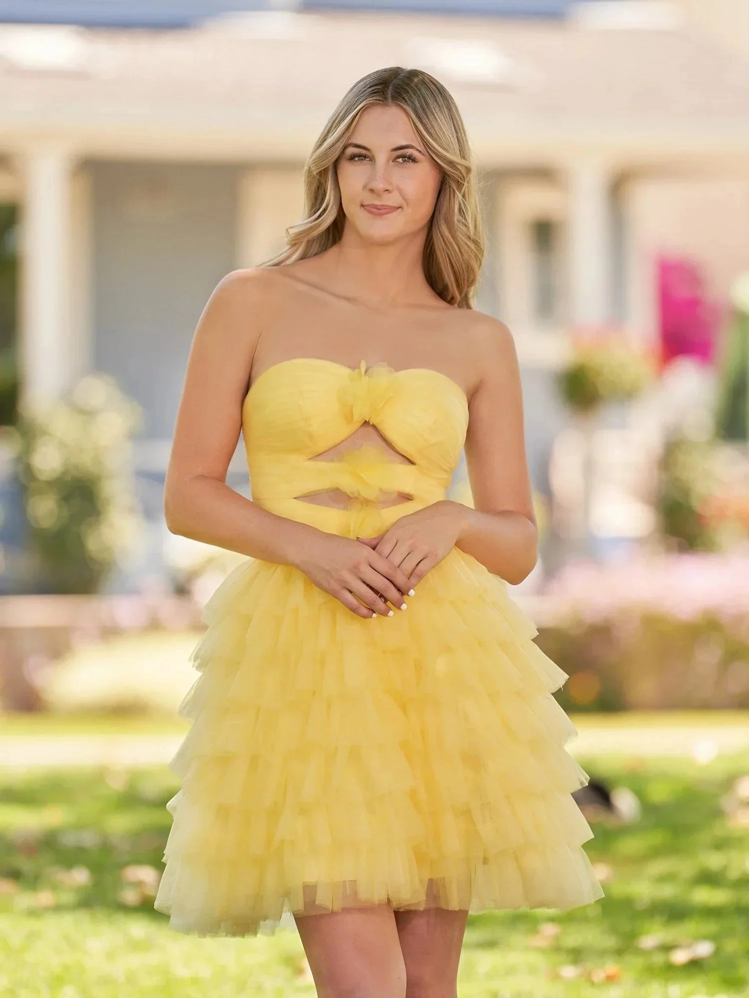 Strapless Tiered Ruffle Tulle Short Homecoming Dress With Flowers - Image 4