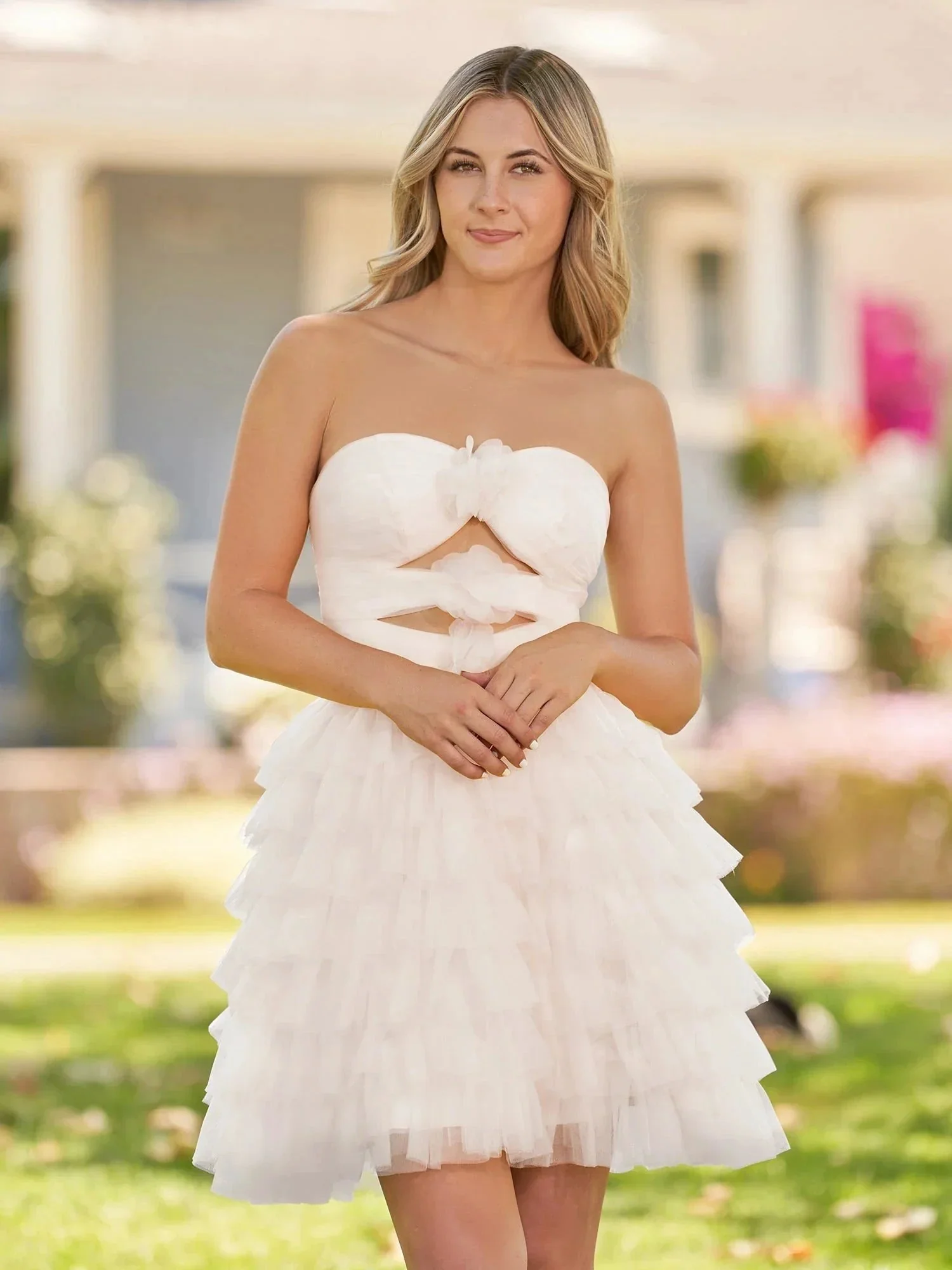 Strapless Tiered Ruffle Tulle Short Homecoming Dress With Flowers - Image 9