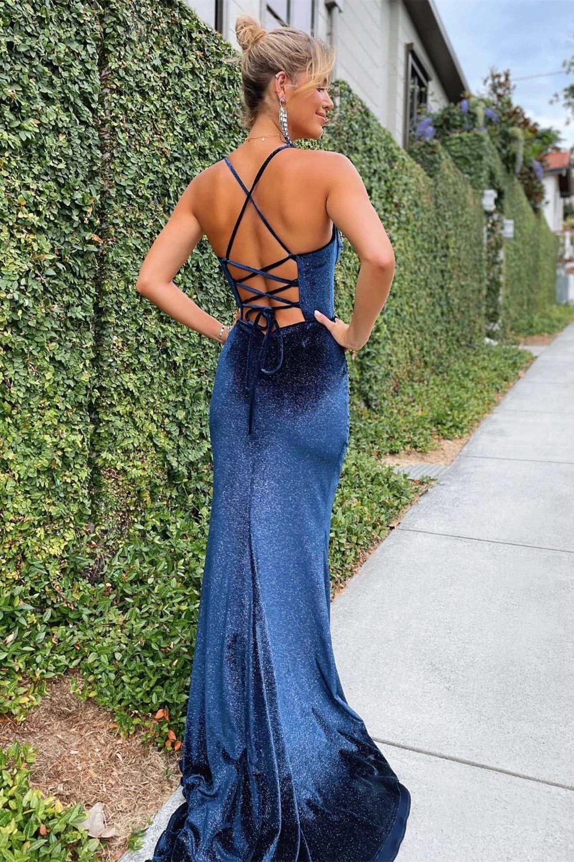 Felix | Navy Blue Mermaid Velvet Corset Lace-Up Long Formal Dress with Slit - Image 2