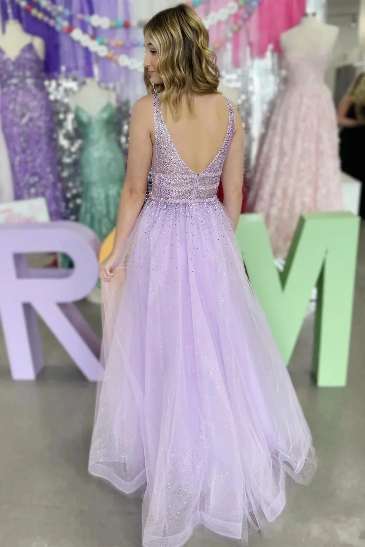 Filbei | Lavender Tulle Hot Stone Backless A-Line Prom Dress - Image 2