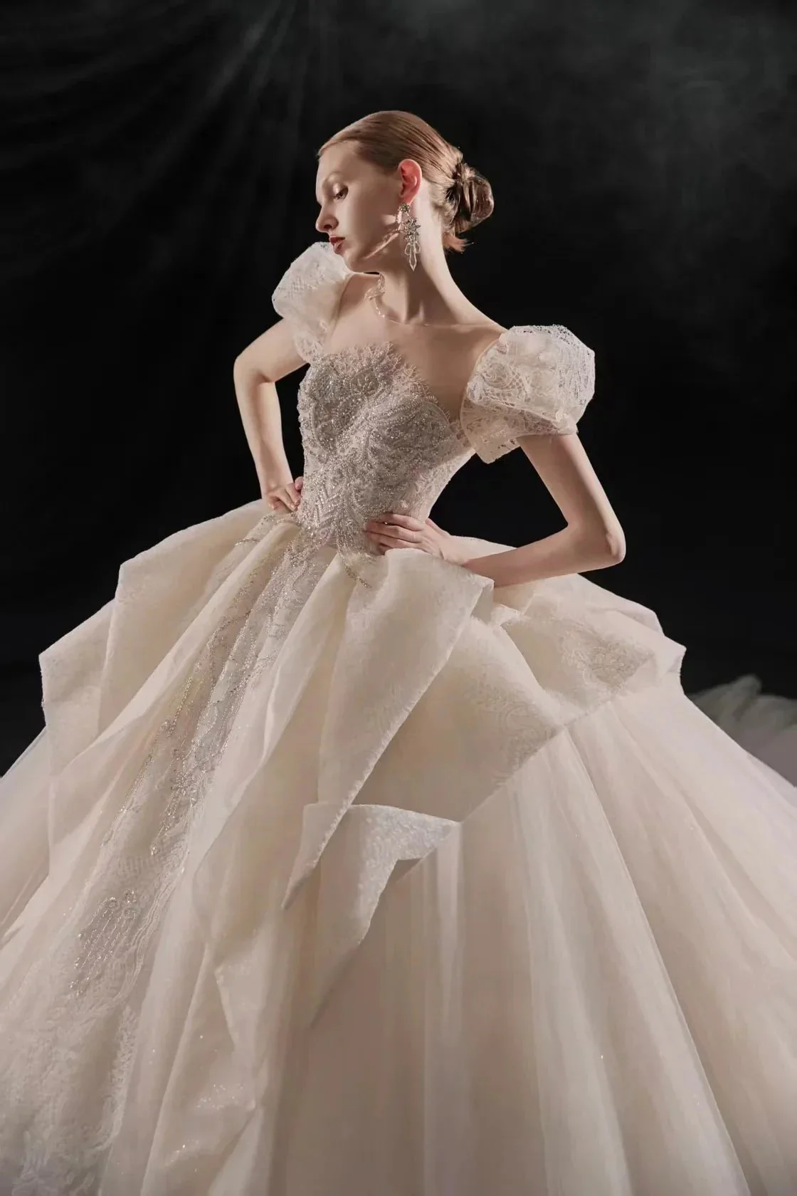 Elegant Sweetheart Ball Gown Lace Puff Sleeve Beaded Embroidery Wedding Dress with Flowing Train E-302 - Image 2