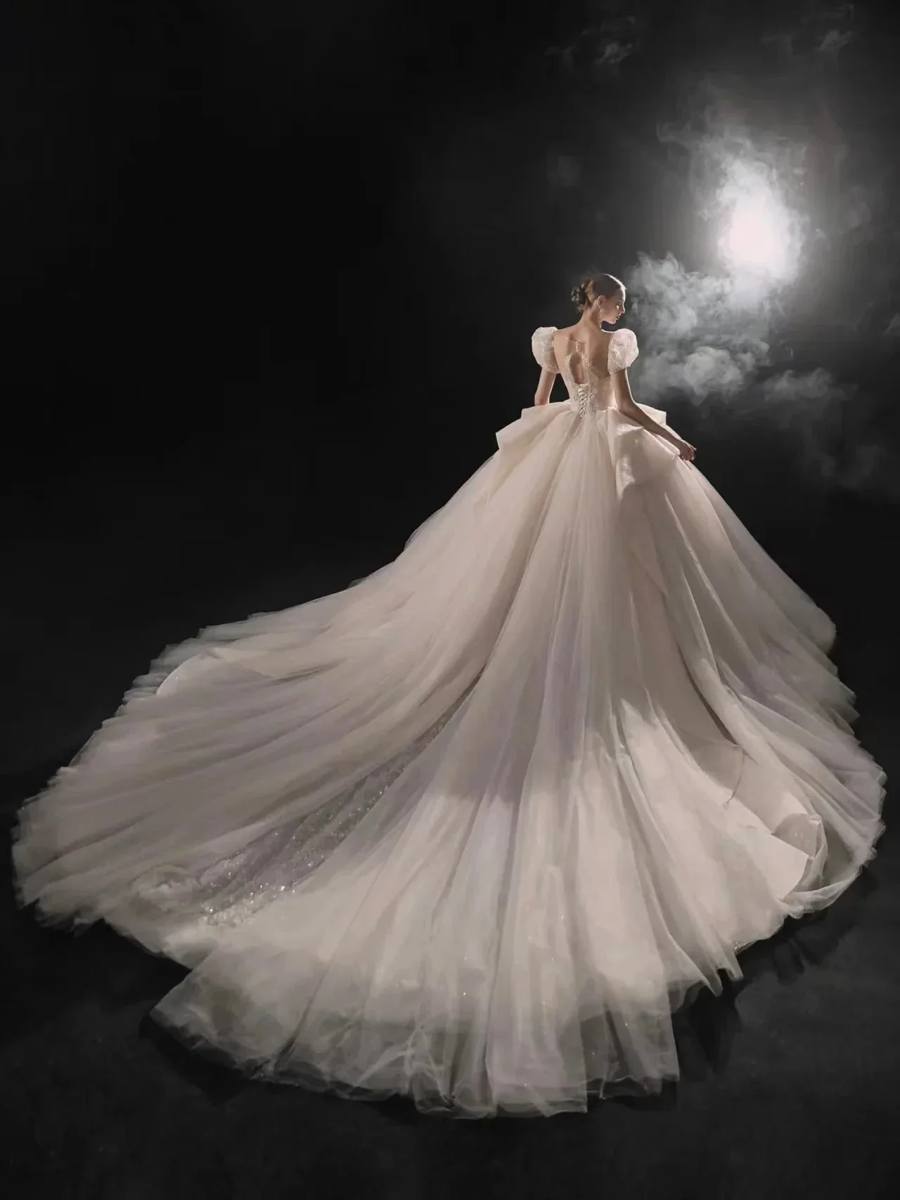 Elegant Sweetheart Ball Gown Lace Puff Sleeve Beaded Embroidery Wedding Dress with Flowing Train E-302 - Image 6