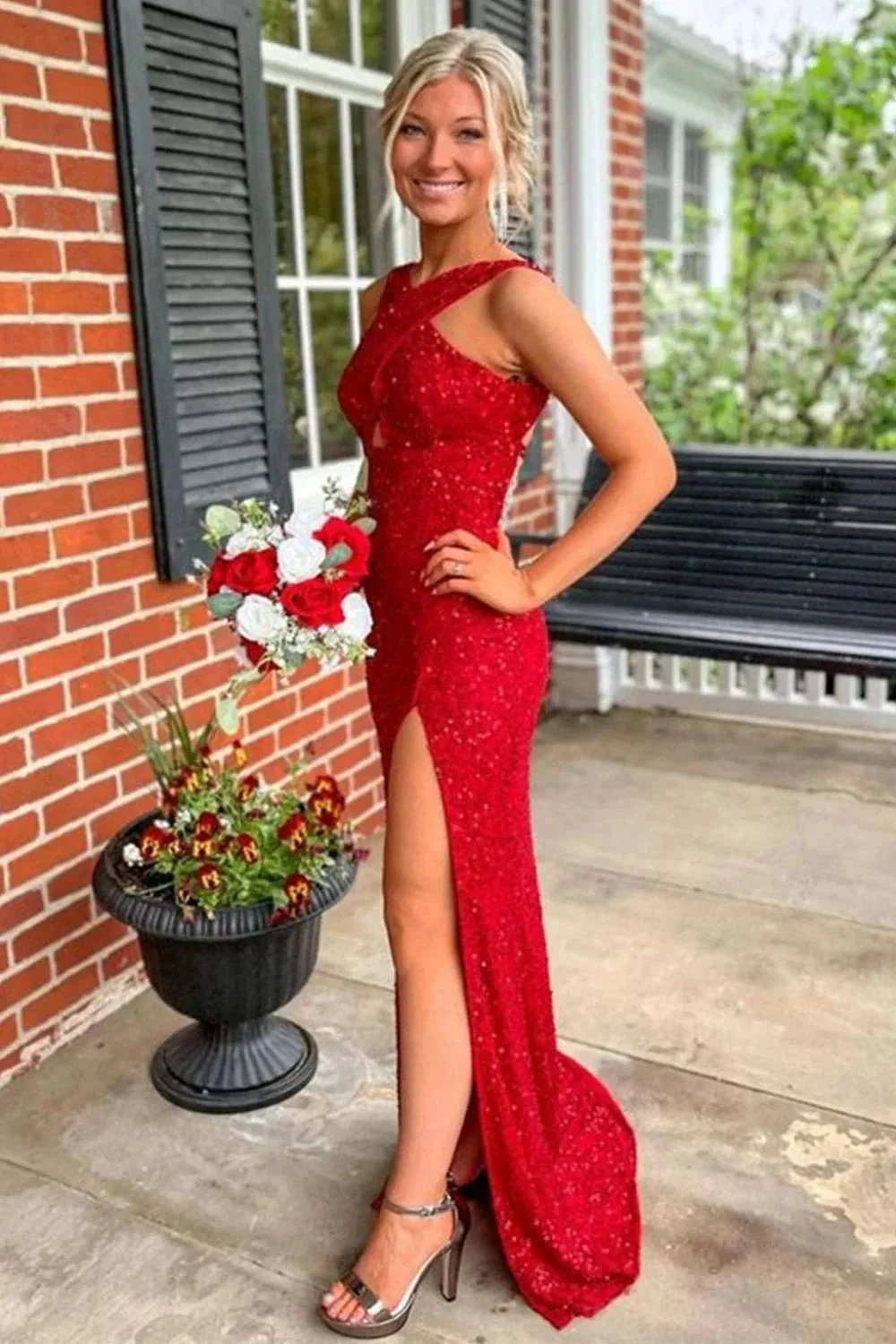 Fitted Criss Coss Neck Orange Prom Dress with Slit SYP88 - Image 2
