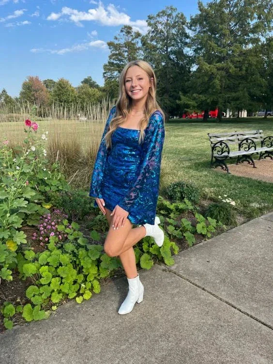 Flare Sleeve Blue Sequin Tight Dress Blue Homecoming Dress Y6270 - Image 2