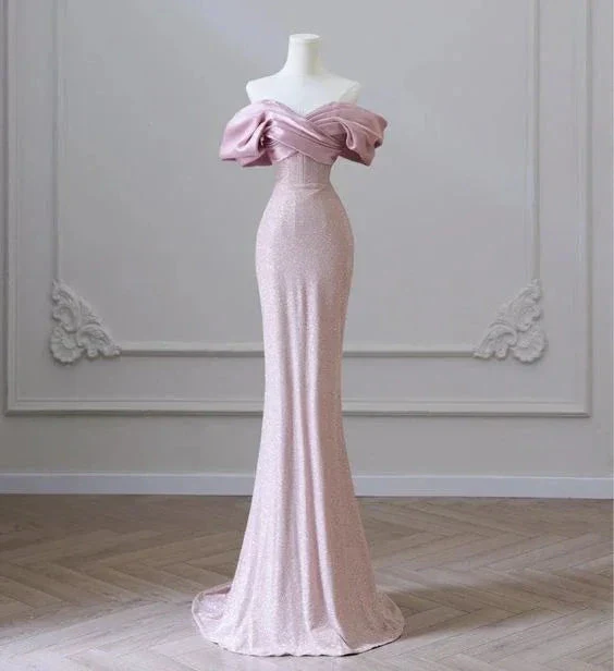 Flesh Pink Sequin Evening Gown Elegant Women's Off Shoulder Party Prom Evening Dress Y6963 - Image 2