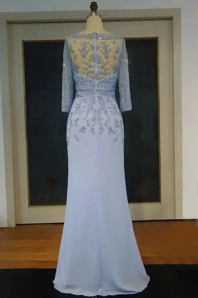 Floor Length A-line Scoop Long Sleeves Sequined Chiffon Prom Dresses - Image 2