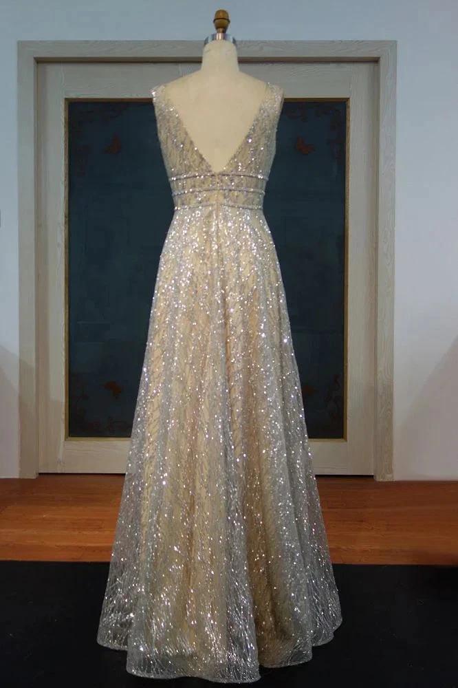 Floor Length A-line Sequined Sleeveless Silver Patterns Prom Dresses - Image 2