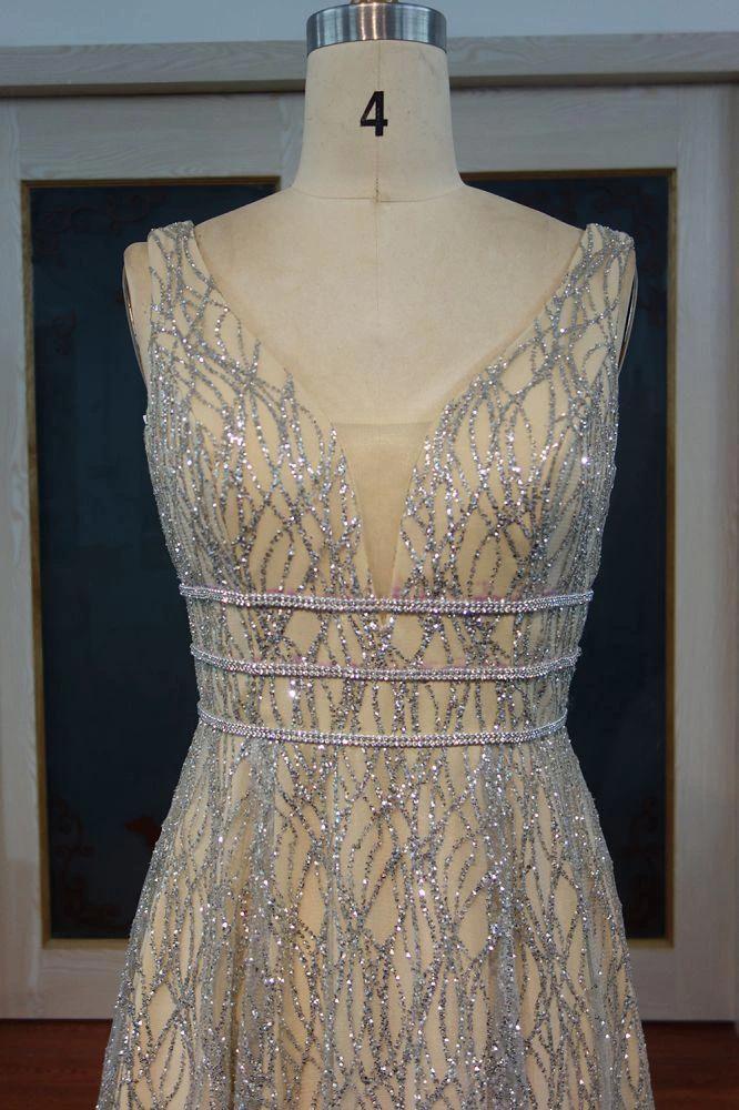 Floor Length A-line Sequined Sleeveless Silver Patterns Prom Dresses - Image 3
