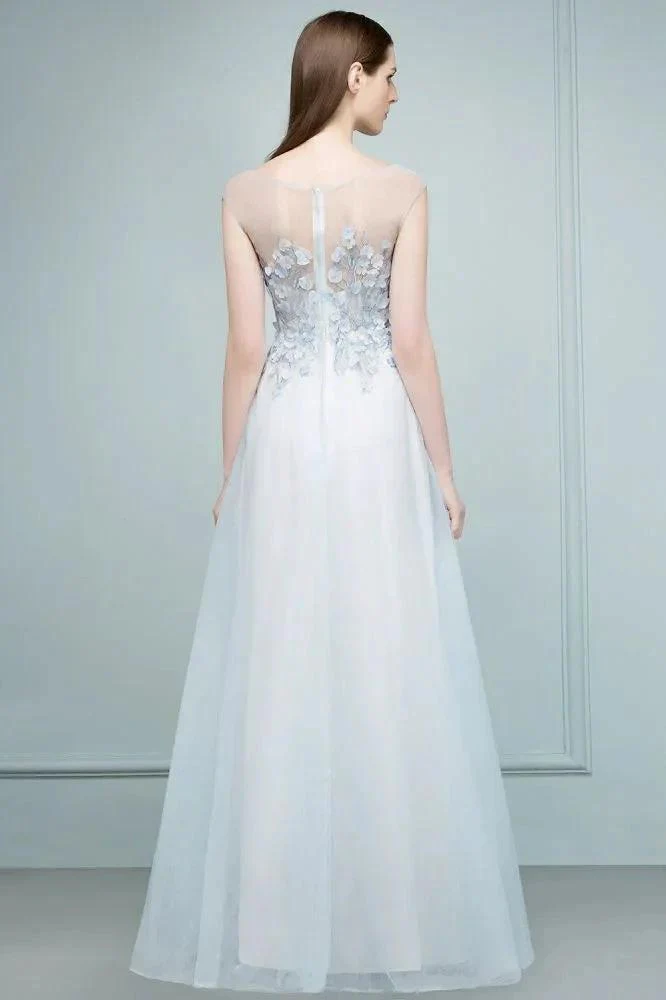 Floor Length A-line Sleeveless Appliqued Flowers Tulle Prom Dresses - Image 2