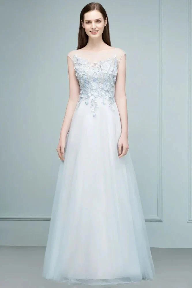 Floor Length A-line Sleeveless Appliqued Flowers Tulle Prom Dresses - Image 3