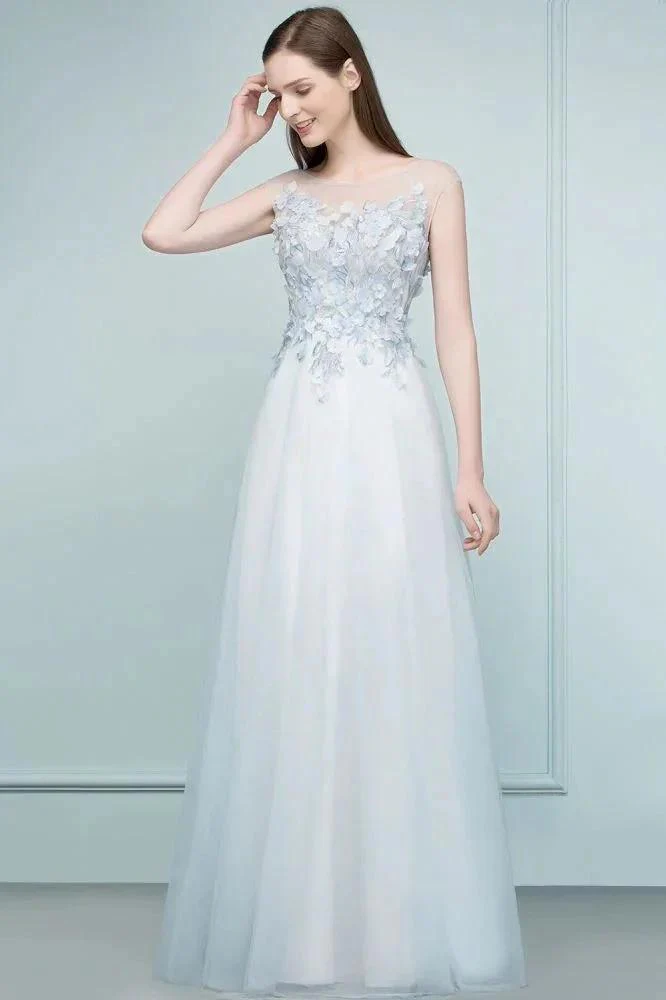 Floor Length A-line Sleeveless Appliqued Flowers Tulle Prom Dresses - Image 4