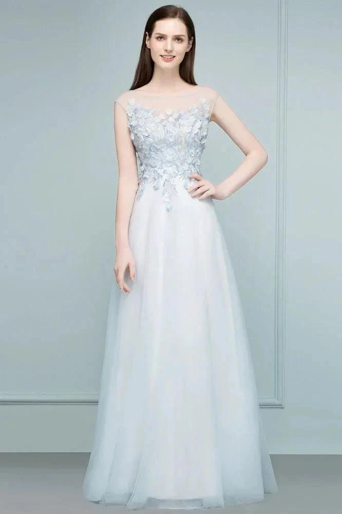 Floor Length A-line Sleeveless Appliqued Flowers Tulle Prom Dresses - Image 5