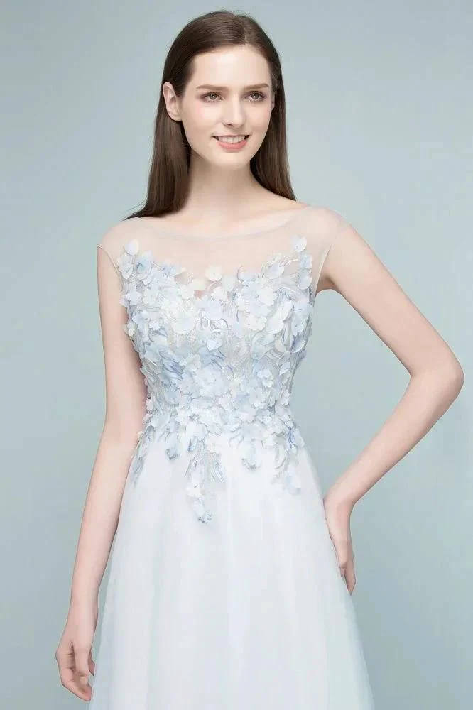 Floor Length A-line Sleeveless Appliqued Flowers Tulle Prom Dresses - Image 6