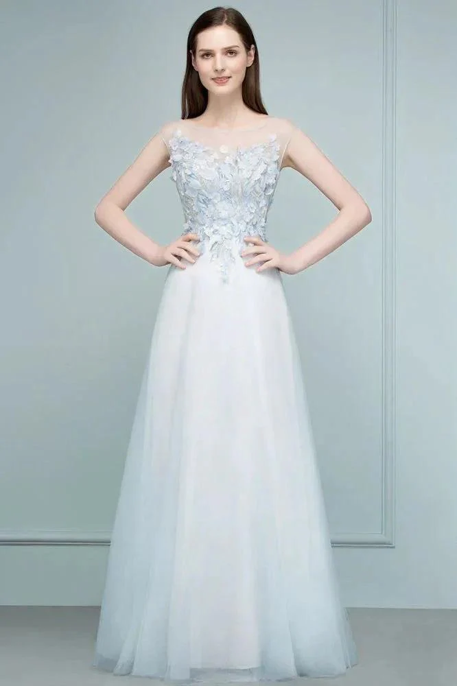 Floor Length A-line Sleeveless Appliqued Flowers Tulle Prom Dresses - Image 7