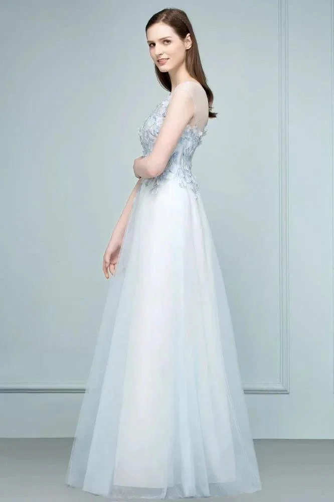 Floor Length A-line Sleeveless Appliqued Flowers Tulle Prom Dresses - Image 8