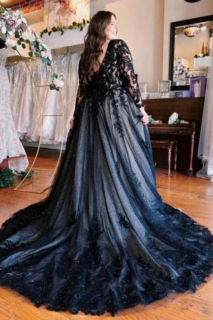 Floor-Length A-Line Split Front Long Sleeves V-Neck Prom Dresses with Appliques - Image 2