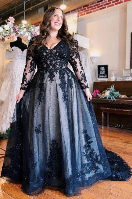 Floor-Length A-Line Split Front Long Sleeves V-Neck Prom Dresses with Appliques - Image 3