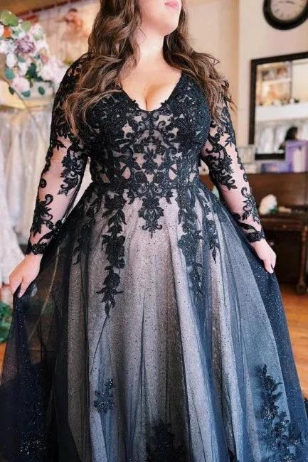 Floor-Length A-Line Split Front Long Sleeves V-Neck Prom Dresses with Appliques - Image 4