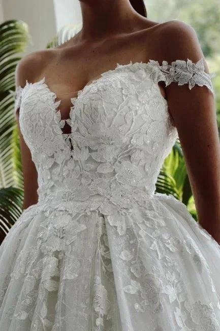 Floor-Length A-Line Sweetheart Off-The-Shoulder Tulle Appliques Wedding Dresses with Lace - Image 2