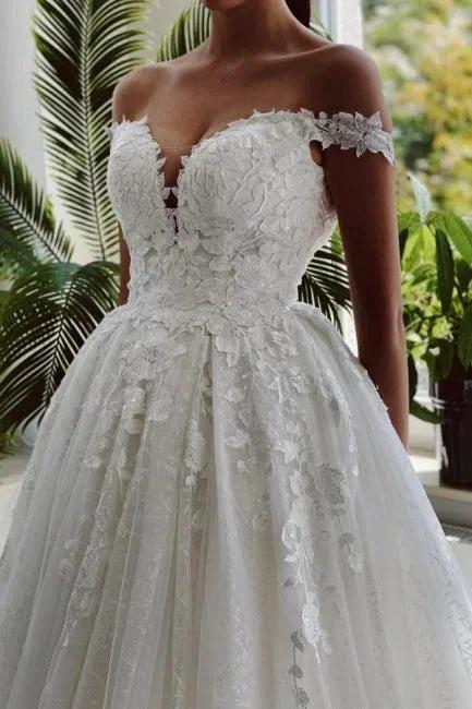Floor-Length A-Line Sweetheart Off-The-Shoulder Tulle Appliques Wedding Dresses with Lace - Image 3
