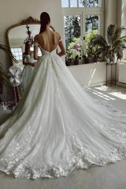 Floor-Length A-Line Sweetheart Off-The-Shoulder Tulle Appliques Wedding Dresses with Lace - Image 4