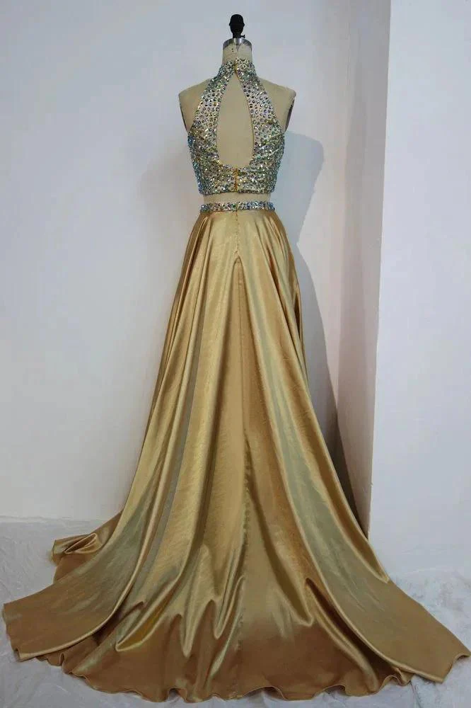 Floor Length A-line Two-piece Halter Prom Dresses with Crystals - Image 2