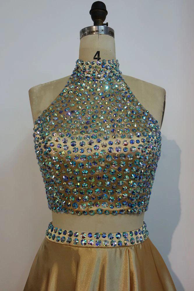Floor Length A-line Two-piece Halter Prom Dresses with Crystals - Image 3