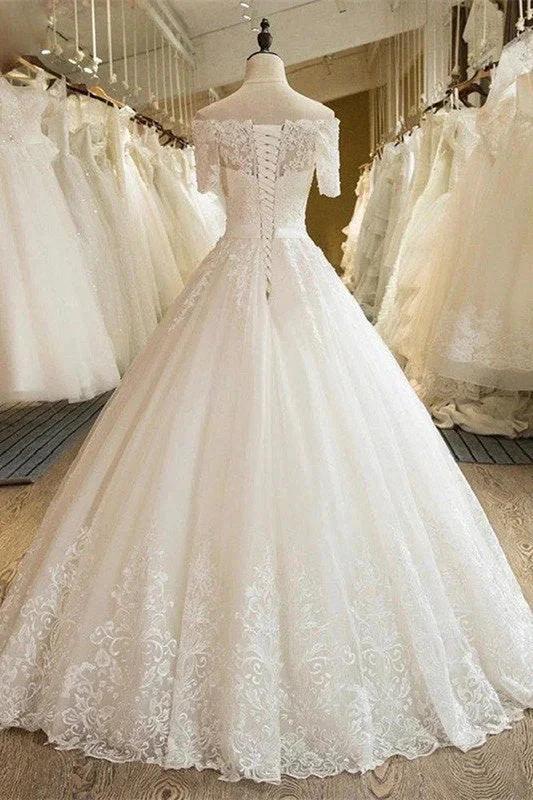 Off-the-Shoulder Lace Tulle 1/2 Sleeves Wedding Dress - Image 2