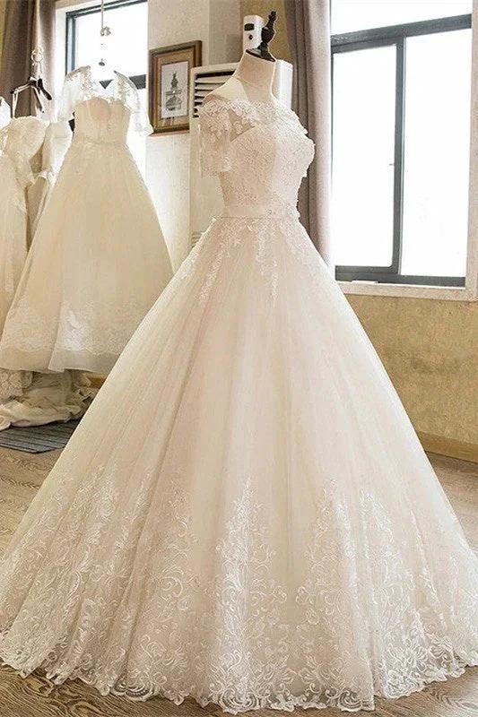 Off-the-Shoulder Lace Tulle 1/2 Sleeves Wedding Dress - Image 3