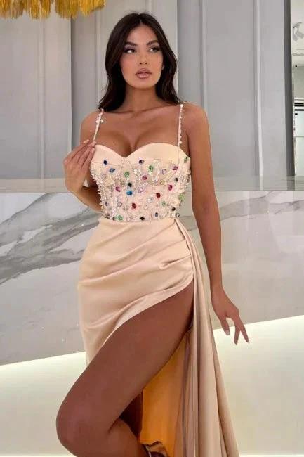 Floor-Length Champagne Sweetheart Stain Beadings Spaghetti Straps Prom Dresses with Split - Image 2