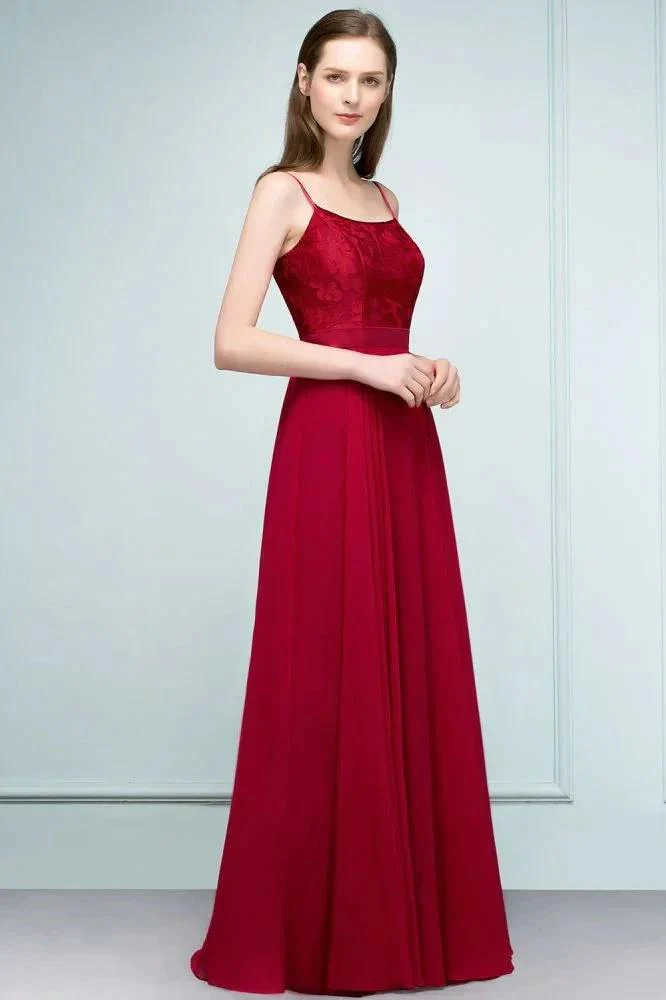 Floor Length Lace Appliques A-line Spaghetti Prom Dresses - Image 2