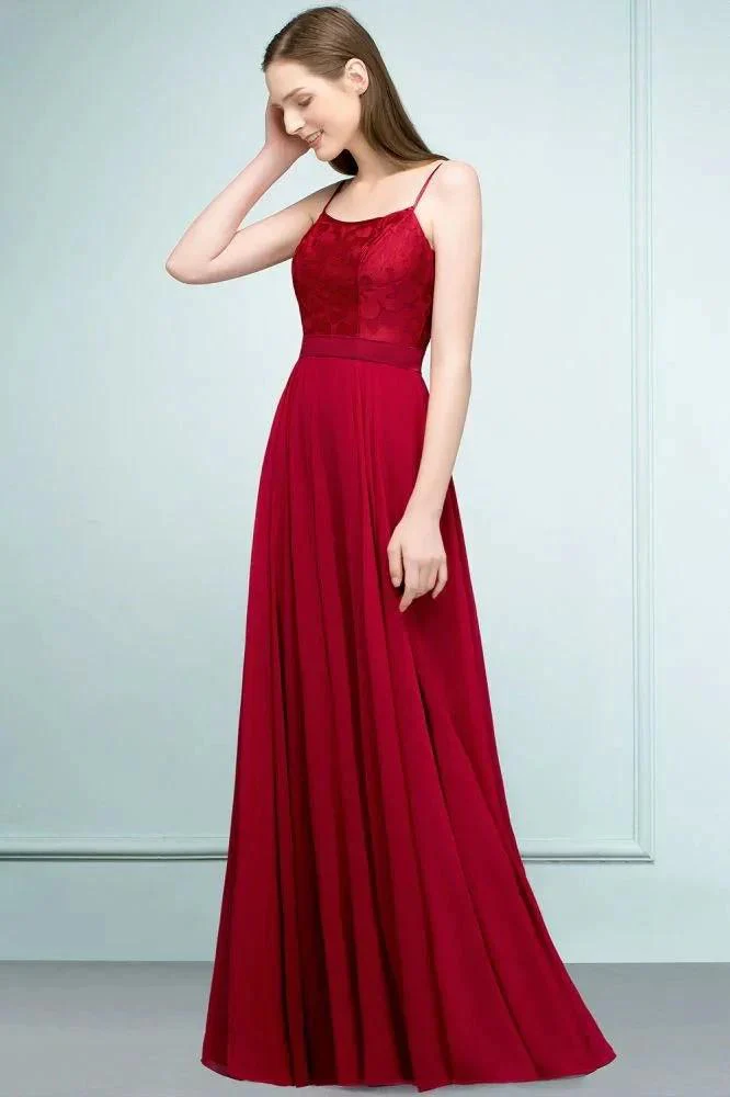 Floor Length Lace Appliques A-line Spaghetti Prom Dresses - Image 7