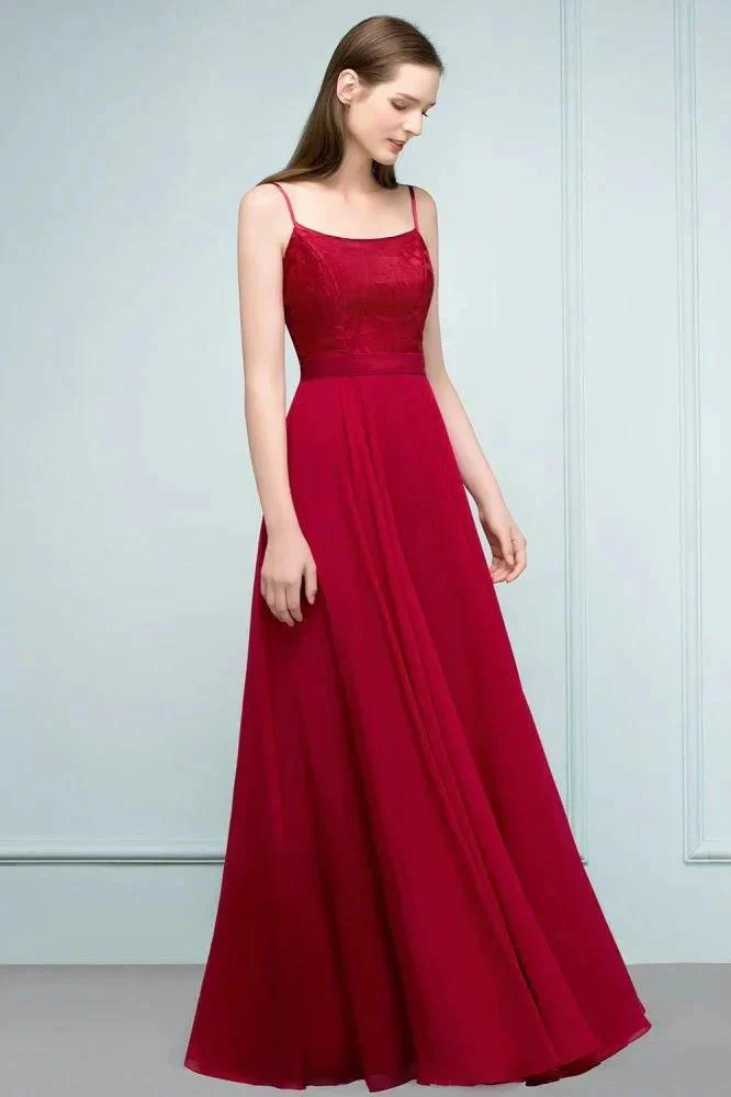 Floor Length Lace Appliques A-line Spaghetti Prom Dresses - Image 8