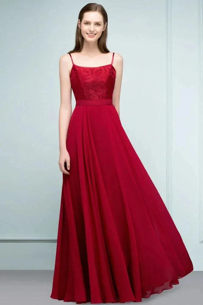 Floor Length Lace Appliques A-line Spaghetti Prom Dresses - Image 9