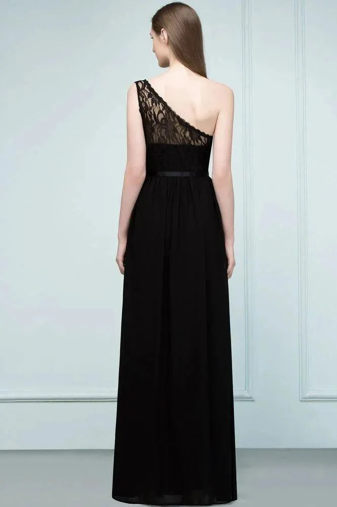 Floor Length Lace Chiffon A-line One-shoulder Bridesmaid Dresses with Sash - Image 2