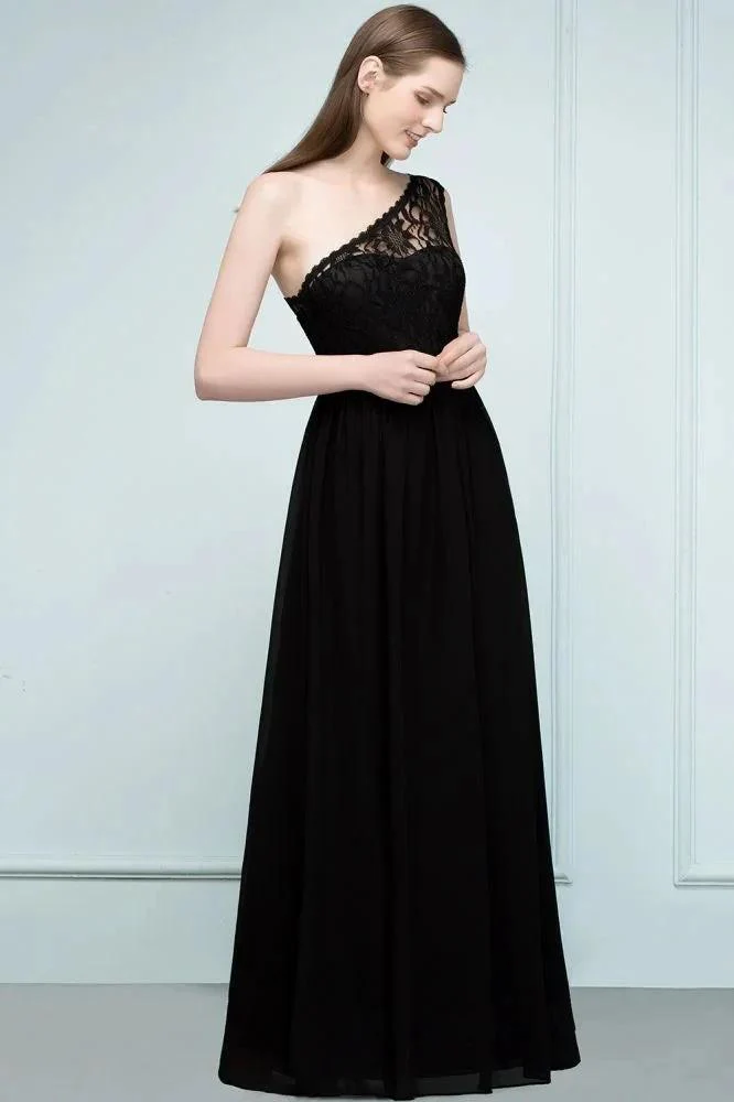 Floor Length Lace Chiffon A-line One-shoulder Bridesmaid Dresses with Sash - Image 3