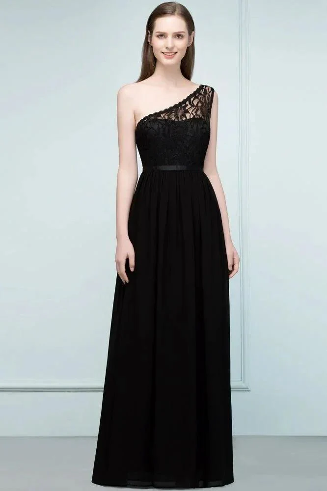 Floor Length Lace Chiffon A-line One-shoulder Bridesmaid Dresses with Sash - Image 4