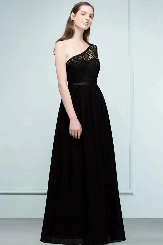 Floor Length Lace Chiffon A-line One-shoulder Bridesmaid Dresses with Sash - Image 5